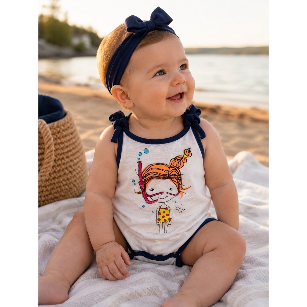 Okie Dokie Baby Girl Snorkeling Swimmer Graphic Bodysuit White Navy 9M